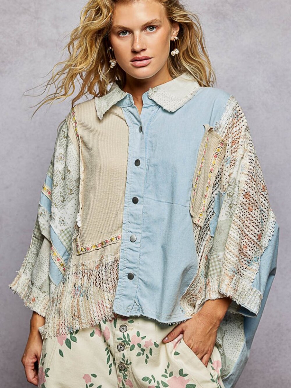 POL ARTISAN-INSPIRED MIXED MEDIA OS TOP-DENIM